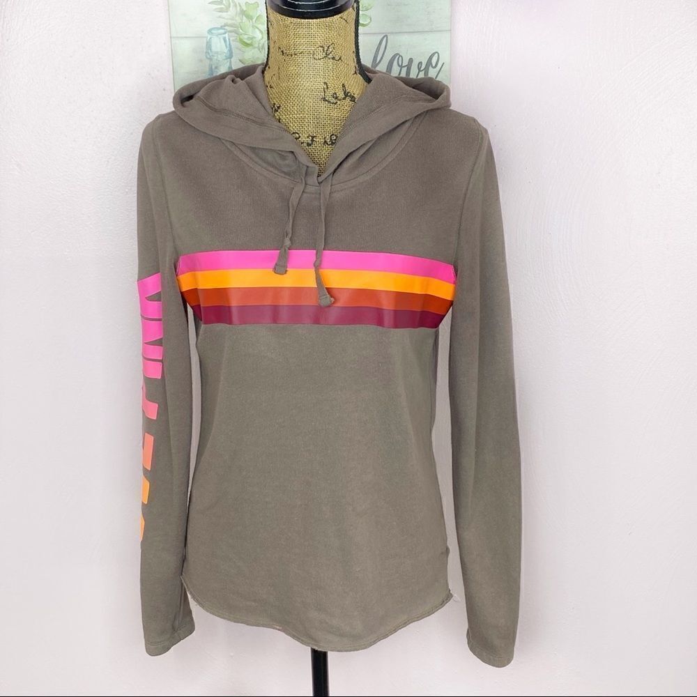Pink by Victorias Secret Retro Stripe Hooded Sweatshirt Taupe‎ Brown Small